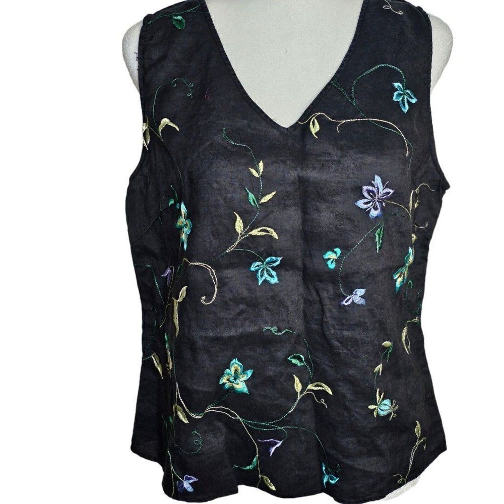 Vintage Embroidered Camisole Shell Womens Size M Black Floral Linen Sleeveless
